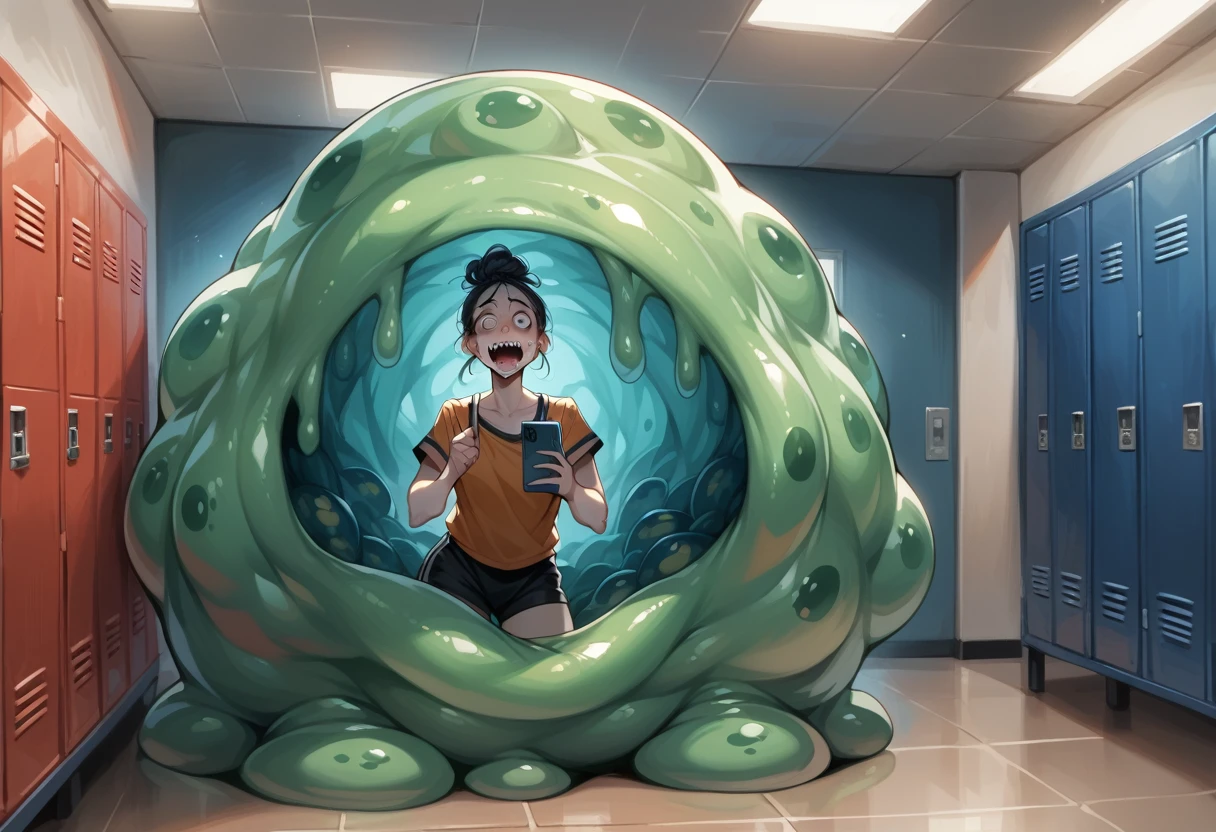 (slime vore) Three gorgeous women (varied height, varied weight, varied race, dressed appropriate to the scene, crazy hairdo, crazy jewelry, tend towards fit and hourglass figure) they are scared and struggling a steamy women's locker room, being caught by tentacles which forcefully restrain their arms and legs while being absorbed by horror monster 'The Blob', damsel in distress, damsel demise. One woman is live streaming about how scared she is while holding her cell phone