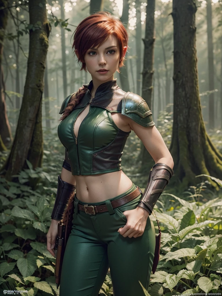 slim feminine figure, redhead, best quality, realistic skin texture, photography, film grain texture and high contrast, extremely high-resolution details, photographic, photorealistic, hyper-realistic, HDR, masterpiece, ((short pixie hair)), dressed up as a night elf hunter from world of warcraft, full green hunter armor, a green lust forest in the background, brown pants