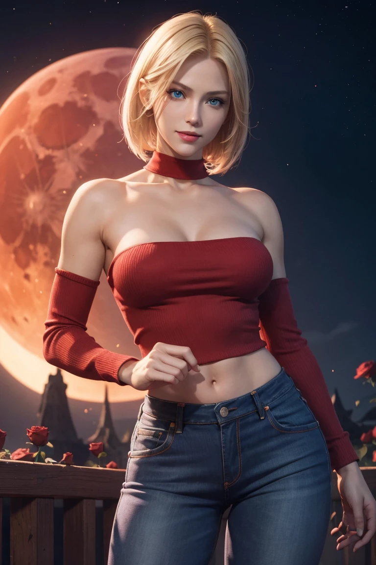 KOF,King of Fighters,Blue Mary,Blue Eyes,Blonde Hair,Medium Hair,Beautiful white skin,Photorealistic,Ultra HD,high quality,masterpiece,Digital SLR,Detailed details,Intricate details,Anatomical basis,Depicted in detail,A detailed face,Realistic skin texture,Vivid details,Perfect Anatomy,Perfect Anatomy,Anatomically correct hand,Anatomically correct fingers,Super Detail,Complex 3D rendering,Sexy pose,Red knitted tops,No sleeve,jeans,Fantasy worldview,Beautiful red sea,Beautiful Red Moon,Beautiful night sky,Petals of roses dance,Picturesque,Pink Lips,smile,