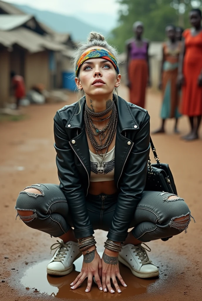 russian milf woman, grey hair (pouf, and top bun and shaved sides) and oversized square maxi sunglasses as headband, with very light blue eyes, extremely pale. Wearing tight aged black cropped moto jacket with lots of zippers and pins; black bikini, flip flops . Dirty knees and dusty hands. Lots of metallic bracelets, lots of boho pendants and lots of colourful beads collars. Long boho earrings with colourful feathers. Squatting like in a payer, looking up, chin up, stretching her neck , humble facial expression. Hands on her knees, showing off bracelets and rings. studded black leather tote bag with chains on the floor, next to her.. Listening chin up in amazement to somebody speaking to her from above, well toned abdominals, thin neck, slim legs and thin arms. Cleavage, belly, neck, tigh and hands comoletely covered with tattoos. Dirt street in Kenian village full of waste. A lot of tanned shirtless fat men in jeans around looking at her. next to her, all her belongings scattered on the floor: makeup kit, little makeup mirror, studded black leather tote bag, lipstick, wallet, moble etc on the floor