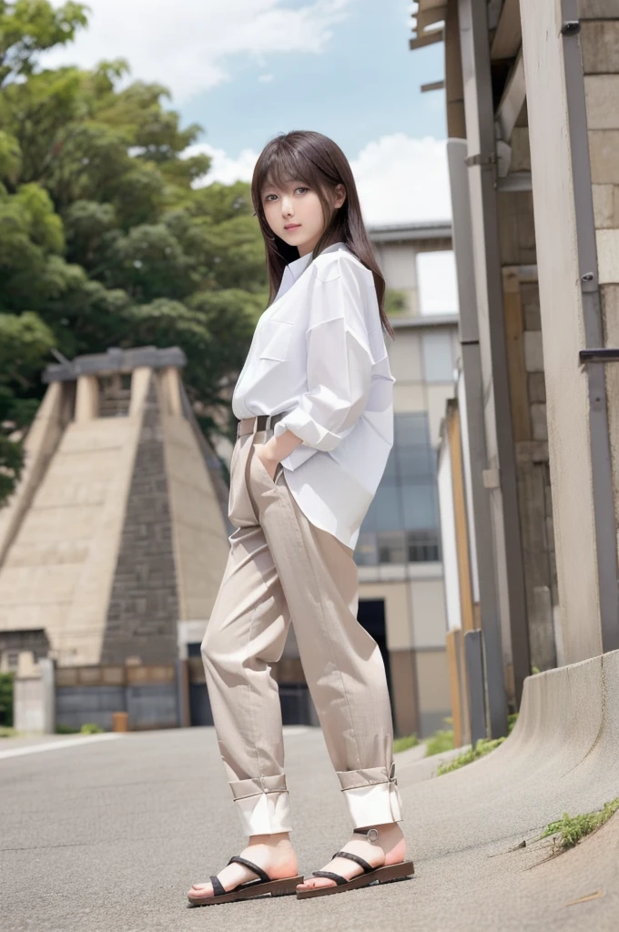 full_body, standing, sandals, (shirt), pants, (eyptian pyramids), (tsubasa_hazuki: 1.2), perfect face, (contact iris: 1.1), pale skin, skin pores , depth of field