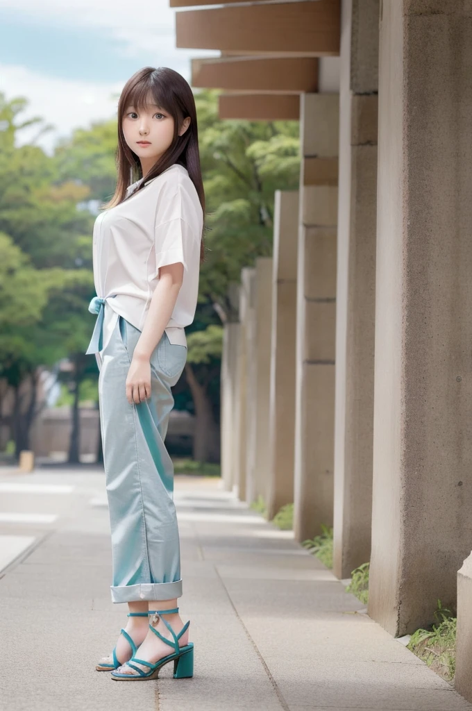 full_body, standing, sandals, (shirt), pants, (eyptian pyramids), (tsubasa_hazuki: 1.2), perfect face, (contact iris: 1.1), pale skin, skin pores , depth of field