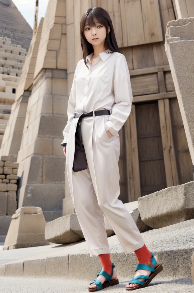 full_body, standing, sandals, (shirt), pants, (eyptian pyramids), (tsubasa_hazuki: 1.2), perfect face, (contact iris: 1.1), pale skin, skin pores , depth of field