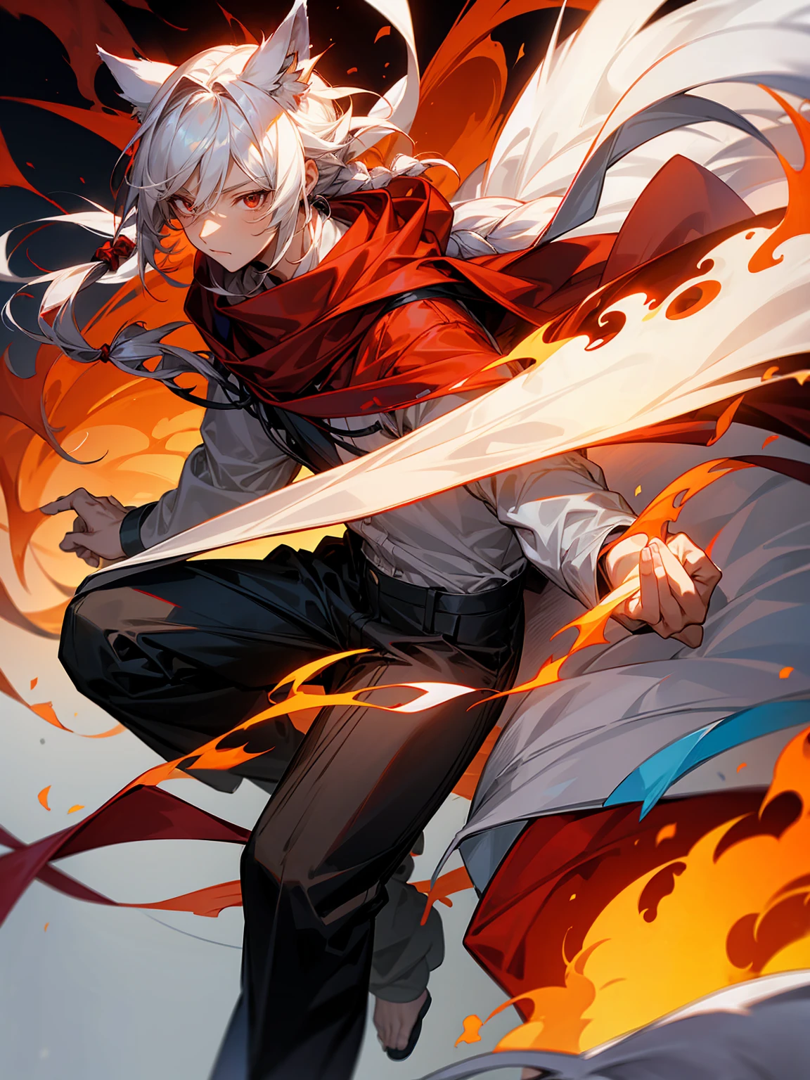 1male, Adult, Long White Hair, White Baggy Long Sleeve Shirt, Baggy Black Pants, Red Eyes, Red Scarf, Earring, Masculine, Dog Ears, Surrounded By Flames, Single Hair Braid