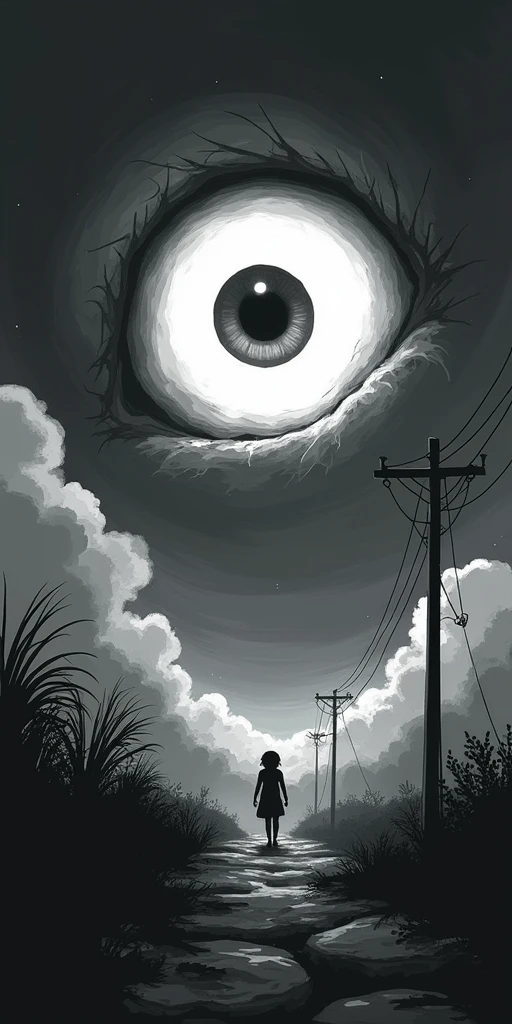 ((Best Quality)), ((masterpiece)), ((detailed)), ((High Definition)). A playful eye in the sky in anime style, emits an evil and supernatural energy. He'gives a chilling sensation, Proboca cosmic terror. The lighting is poor, creates a spooky atmosphere, and terror. It looks like the cover of a horror novel. in black and white, with grayscale.