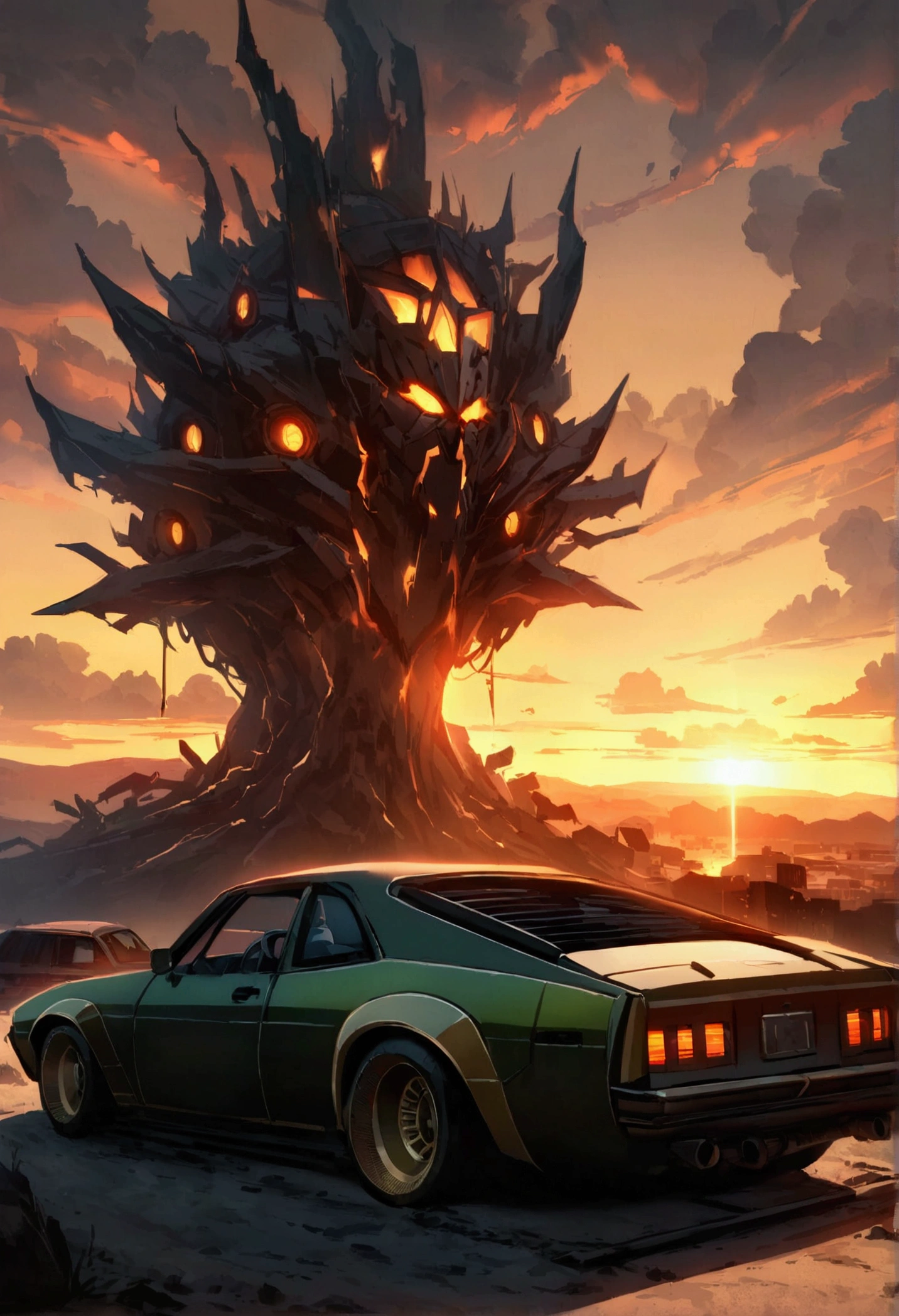 You're in Erangel, specifically at the Miramar pub's petrol pump. The setting sun casts a golden glow over the dusty landscape, giving everything an amber hue. Nearby, a sleek, high-performance Miramar car with a striking, unconventional paint job—neon greens and fiery reds—sits ominously by the pump. The car’s aggressive design and tinted windows hint at the chaos it can unleash. As you refuel, the quiet is broken by distant gunfire and the revving of engines. You know that any moment, a new threat could arrive. The combination of the serene, sunset ambiance and the looming danger creates a tense, electrifying atmosphere.
