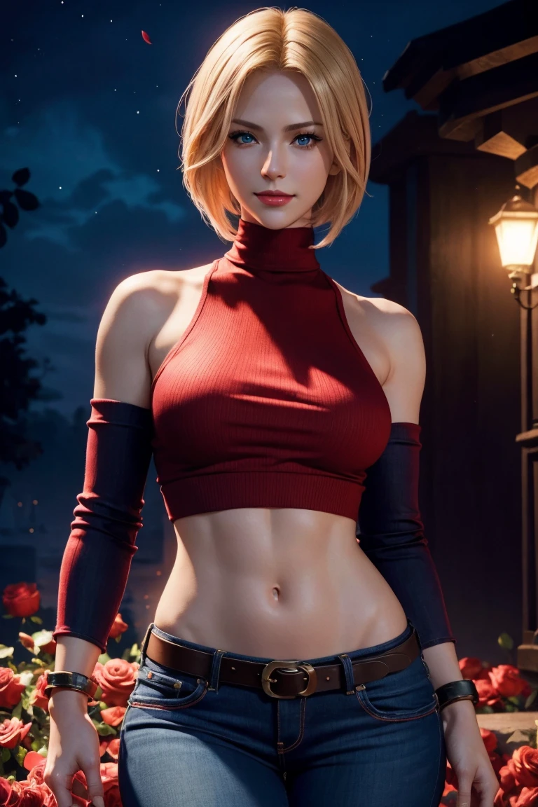 KOF,King of Fighters,Blue Mary,Blue Eyes,Blonde Hair,Medium Hair,Beautiful white skin,Photorealistic,Ultra HD,high quality,masterpiece,Digital SLR,Detailed details,Intricate details,Anatomical basis,Depicted in detail,A detailed face,Realistic skin texture,Vivid details,Perfect Anatomy,Perfect Anatomy,Anatomically correct hand,Anatomically correct fingers,Super Detail,Complex 3D rendering,Sexy pose,Red knitted tops,No sleeve,jeans,Fantasy worldview,Beautiful red sea,Beautiful Red Moon,Beautiful night sky,Petals of roses dance,Picturesque,Pink Lips,smile,