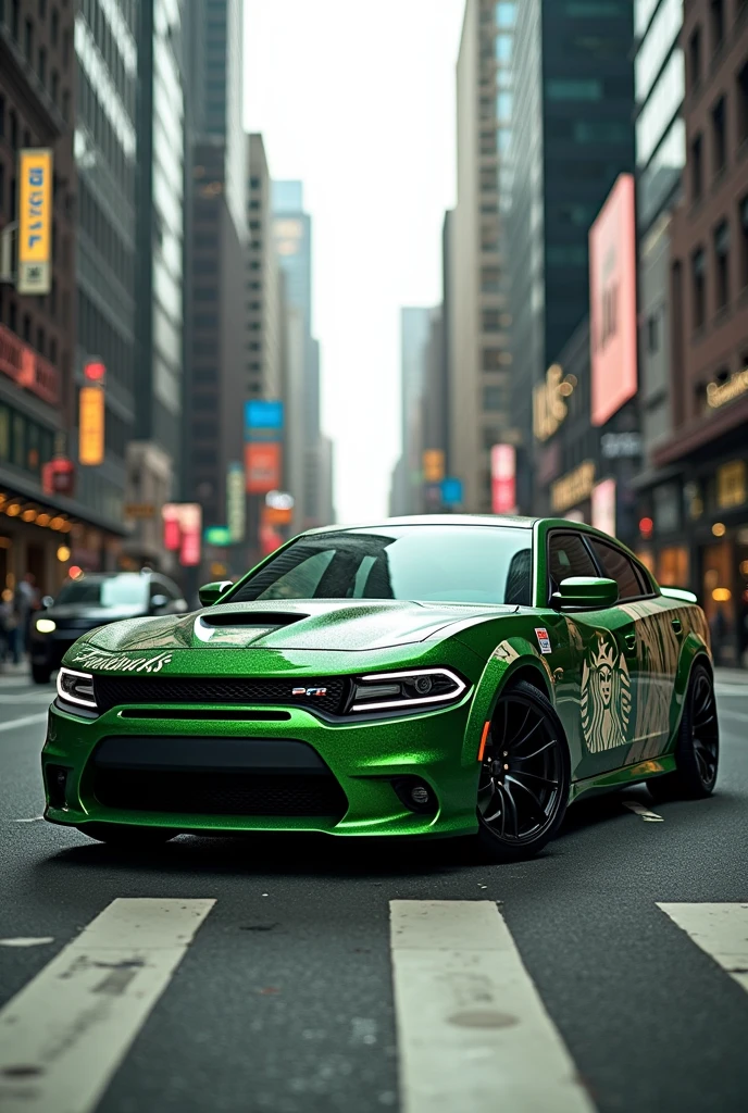 A 2023 dodge charger with a unique starbucks wrap and a shiny green color