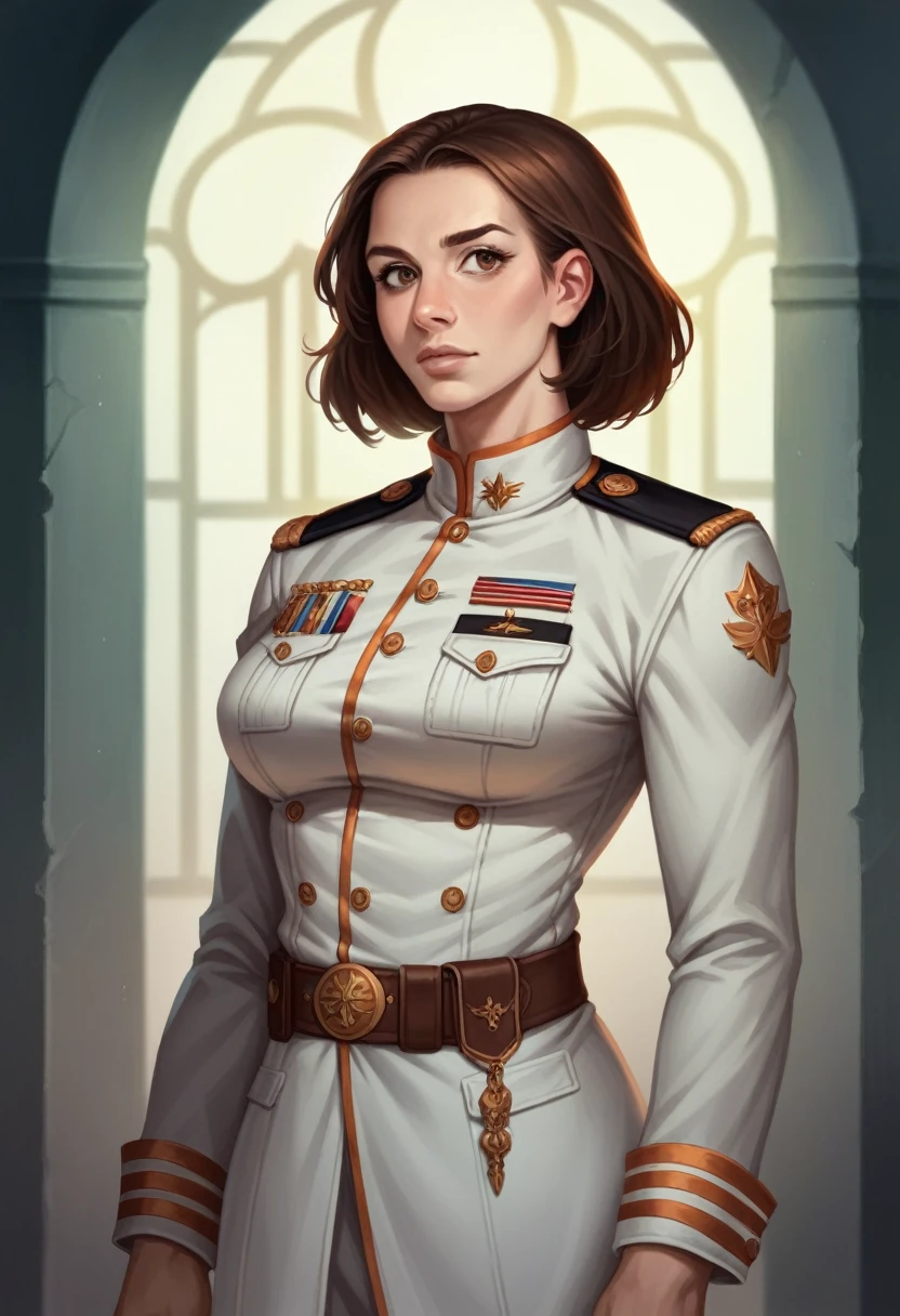 Gabriele is a girl of average height, medium brown hair, brown eyes, toned body with exposed muscles with a delicate look, military uniform, medium bust, with round breasts inside the tight uniform, intricately detailed portrait, high quality digital art, 8k, photorealistic, cinematic lighting, dramatic color palette, fantasy concept art