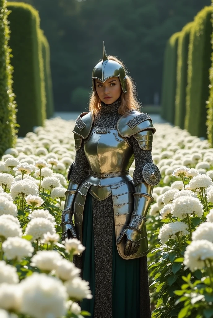 woman with knight armor, medieval style, in a garden full of white flowers