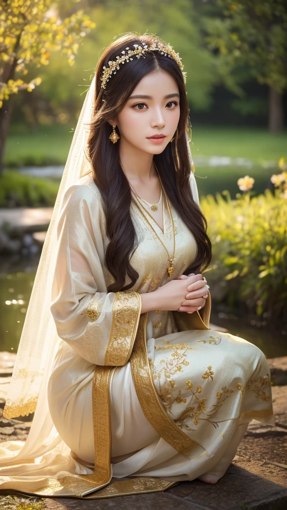 a stunningly beautiful woman kneeling in prayer, elegant white dress with gold embroidery, long dark hair, delicate golden headband, serene mystical setting, soft beams of light, halo effect, tranquil garden with blooming flowers and pond, subtle golden particles, (best quality,4k,8k,highres,masterpiece:1.2),ultra-detailed,(realistic,photorealistic,photo-realistic:1.37),HDR,UHD,studio lighting,ultra-fine painting,sharp focus,physically-based rendering,extreme detail description,professional,vivid colors,bokeh,portrait,spiritual,sacred