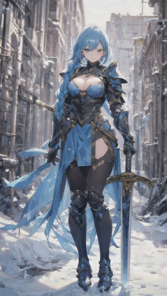 A young girl with long blue braids,Armor Mask,Chest,cleavage,Azure Armor,Full body tights,Iron skirt,thigh,iron boots,ice,sword,Urban ruins