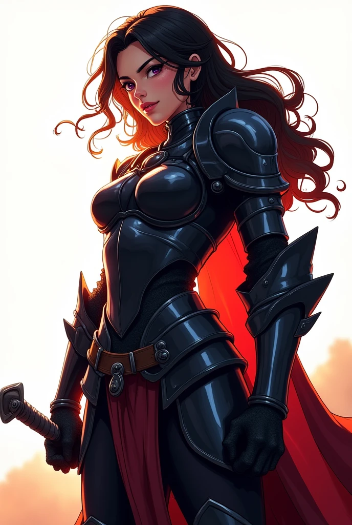 d&d, black female, Loose and wavy hair, heavy medieval armor that covers the entire body, Elsword, two tone lighting, hight contrast, dramatic light and shadow, Dramatic resources, color palette Vibrantes, white background, traditional comic art, cartoon artwork, menos realista, saturated colors, no details, simple comic art, simple medieval armor, no extravagance, heroic pose, gazing at the horizon, traditional comic art, sturdy body
