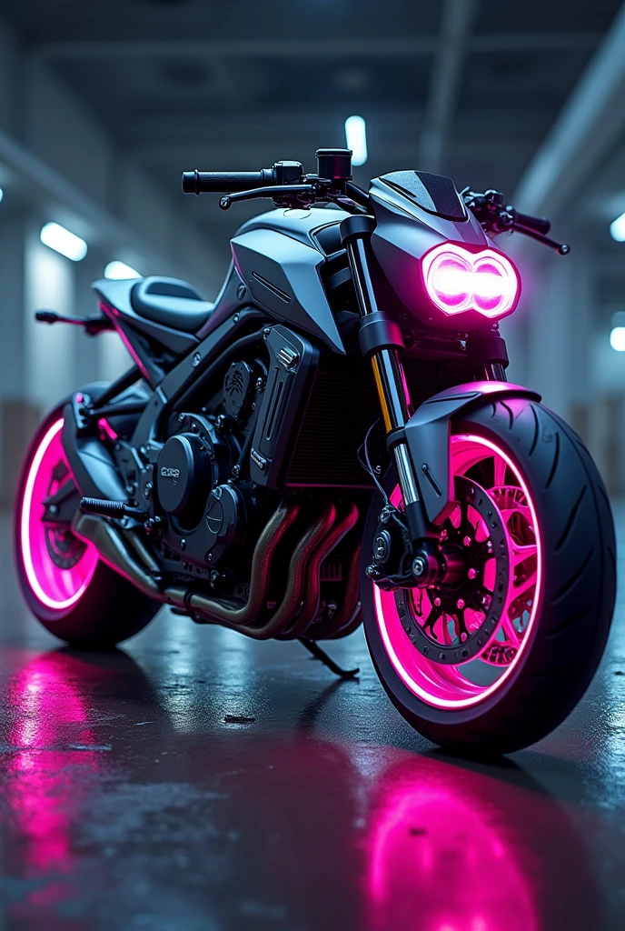 A Freedom CR2 motorcycle with neon lights on the sides of the motorcycle