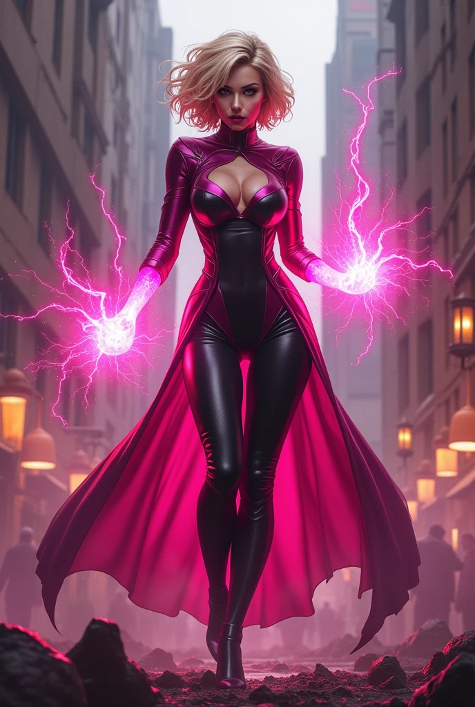 Seductive and Beautiful young woman with a soul of pure evil and hatred. Alluring shorthaired blonde supervillainess with energy blast powers. Attacking a city snd killing random people. A sinister smirk crosses her glossy lips. Skintight pink and black costume accentuate her curves.