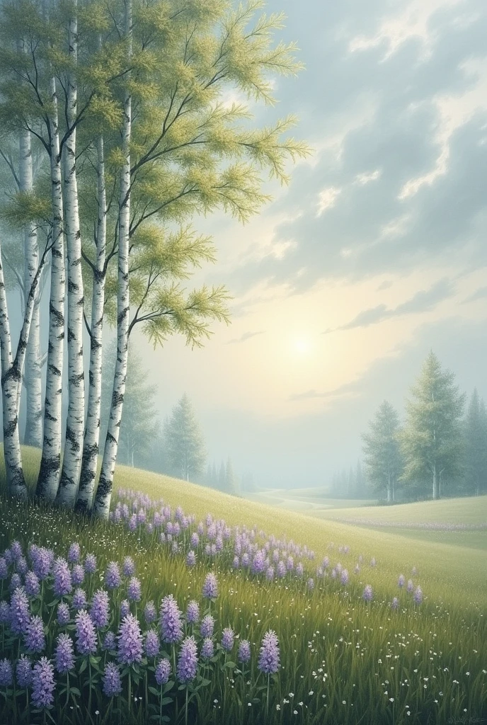 A birch forest filled with a lilac meadow, with greyish clouds and a whipping wind.