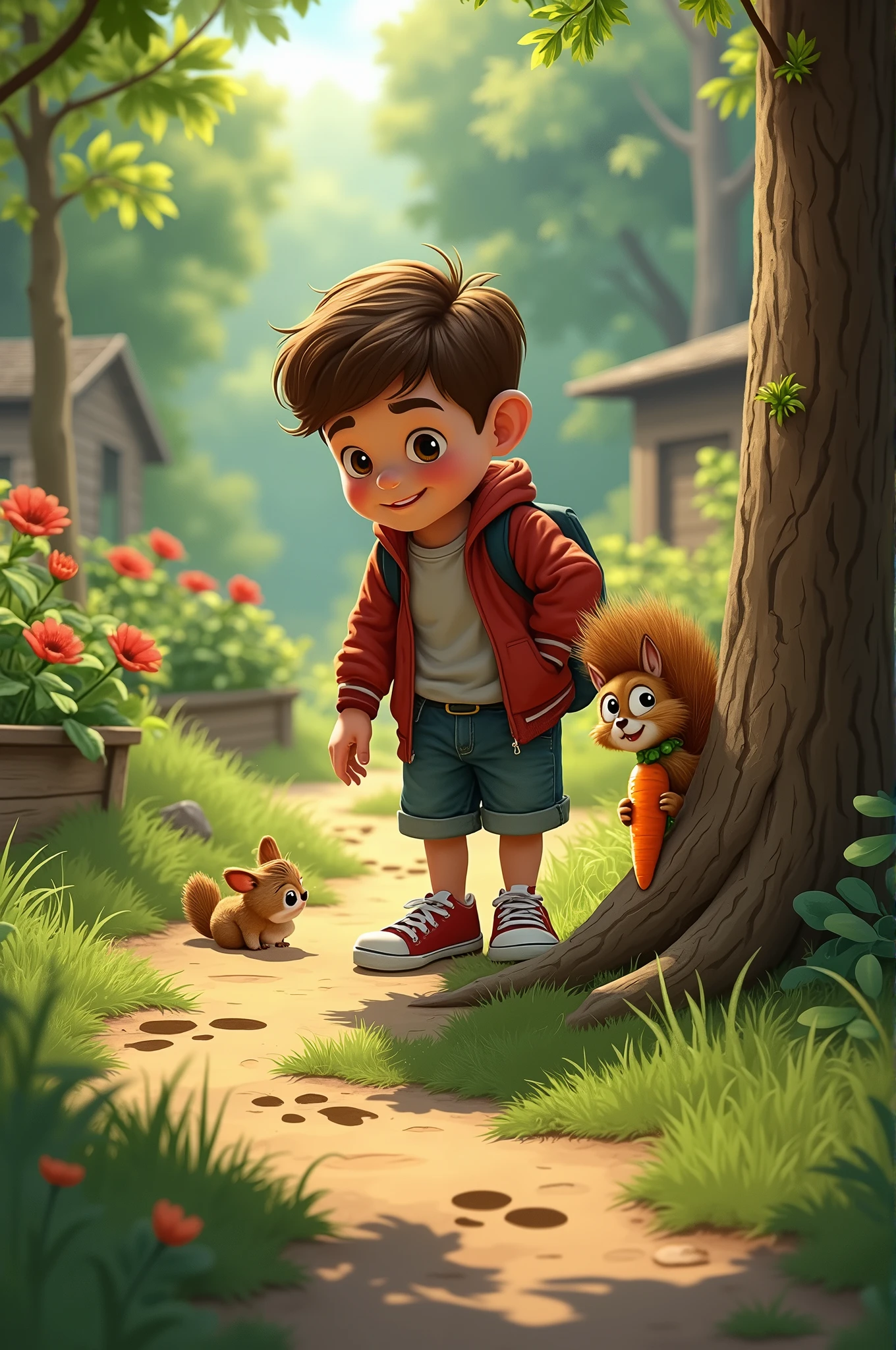 Tommy eventually found a clue—strange footprints near Robbie's garden. He followed the footprints until he reached a squirrel named Sammy, who was hiding behind a tree with a piece of carrot in his hand