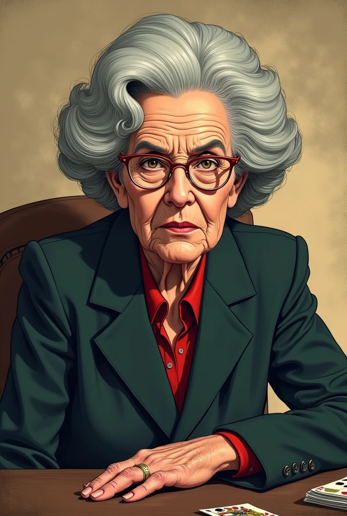 Golda Meir old aged in cartoon board game mafia style with dark beige background without glasses 