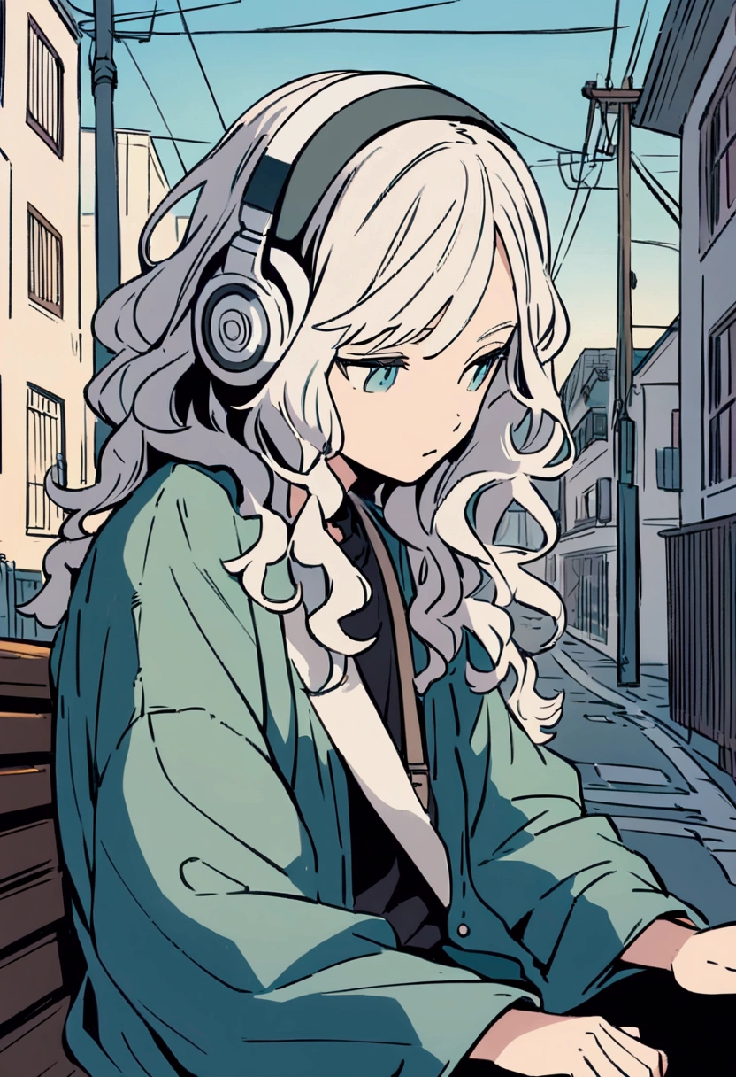 Anime style illustration of a boy sitting on a city bench. he長い間, She has light wavy hair and is wearing headphones. he、Dressed casually with a dark shirt and loose coat over his clothing。. In the background there is a street with buildings and utility poles., Beautifully drawn, With minimalist lines. The overall color scheme is soft and dark., Gives the image a calm and relaxing feel."Playing Picasso