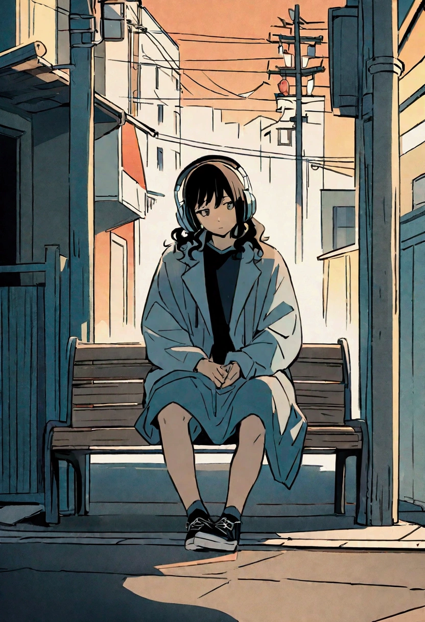 Anime style illustration of a boy sitting on a city bench. he長い間, She has light wavy hair and is wearing headphones. he、Dressed casually with a dark shirt and loose coat over his clothing。. In the background there is a street with buildings and utility poles., Beautifully drawn, With minimalist lines. The overall color scheme is soft and dark., Gives the image a calm and relaxing feel."Playing Picasso