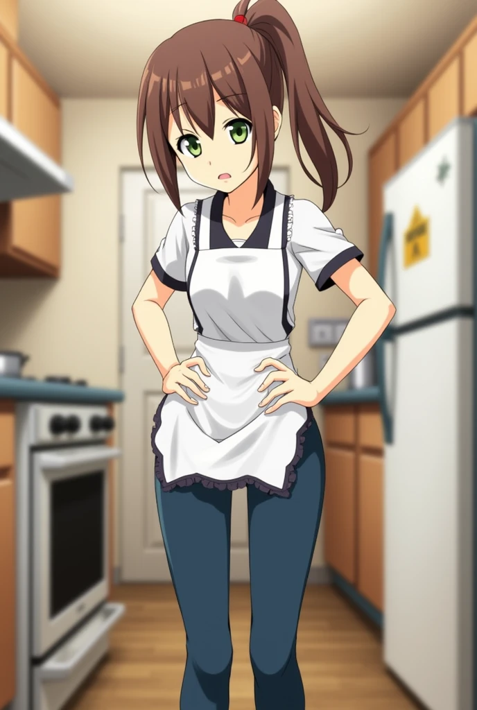 score_9,style by Terasu mc BREAK kitchen,blurred background,depth of field BREAK pov hands,mori_kaede_\(Terasu_mc\),from below,looking down,hands on one&#39;s hips,White apron,Tight jeans,tight pants,disappointed,looking at the viewer,Brown hair,side_Horse tail,green eyes,Lips,