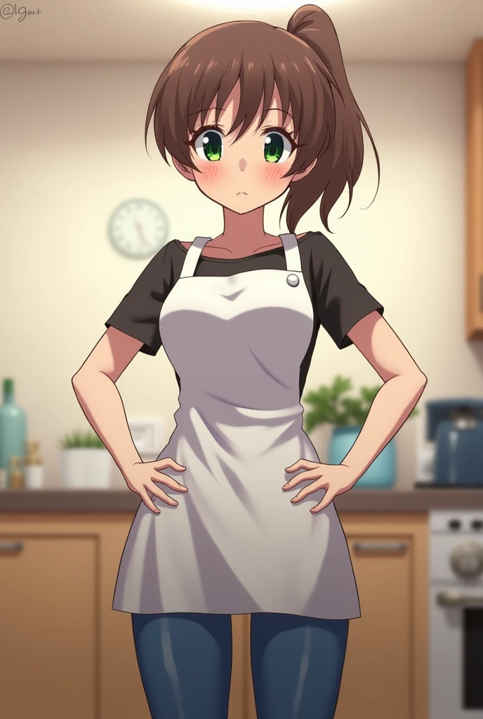 score_9,style by Terasu mc BREAK kitchen,blurred background,depth of field BREAK pov hands,mori_kaede_\(Terasu_mc\),from below,looking down,hands on one's hips,White apron,Tight jeans,tight pants,disappointed,looking at the viewer,Brown hair,side_Horse tail,green eyes,Lips,