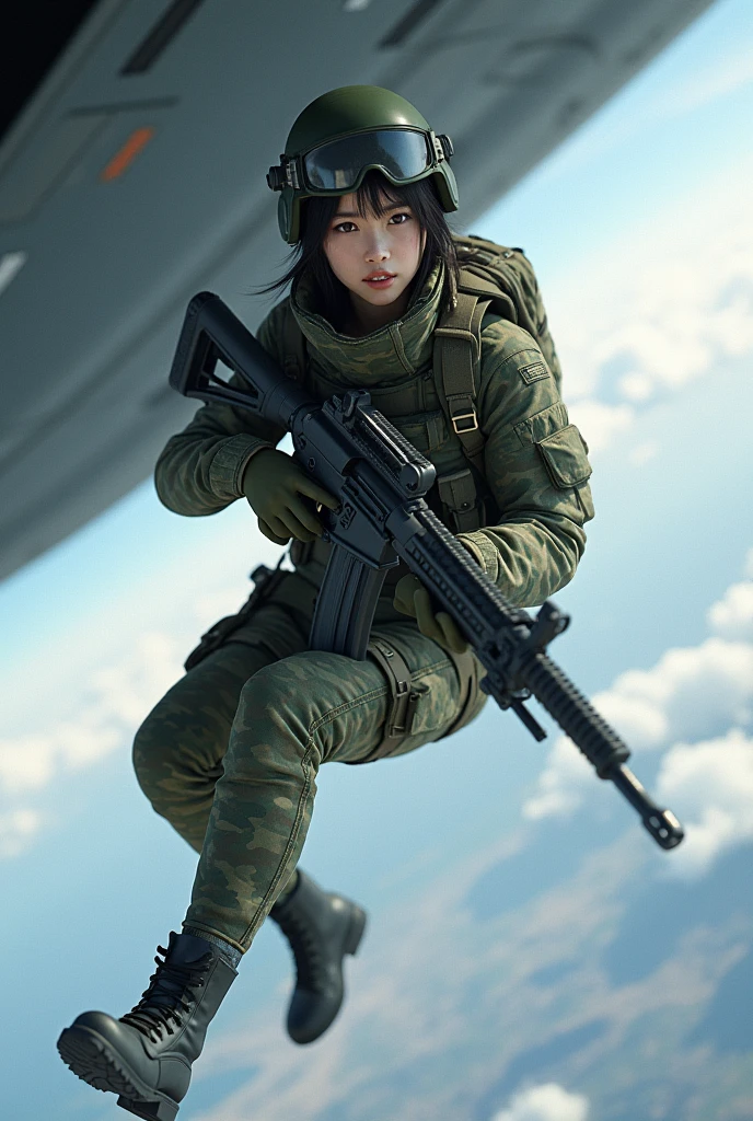Photo-realistic, ultra-realistic, (very beautiful Japanese, famous Japanese idol:1.3), (Fully equipped for battle:1.5), large assault rifle on her back, (Experienced army paratroopers:1.5),(Jumping from the cargo bay of a large Army transport plane for an Army skydiving mission:1.5), (painful impressions, crying:1.3), (wearing an army paratrooper's Camouflage outfits with military helmet:1.5), very large breasts, (tactical vest, military harness:1.3), (military long boots:1), amazing view from the sky, acrobatic pose, dynamic angle, spectacular, (injured:1.3), (muddied, damaged wears, damaged body:1.3),