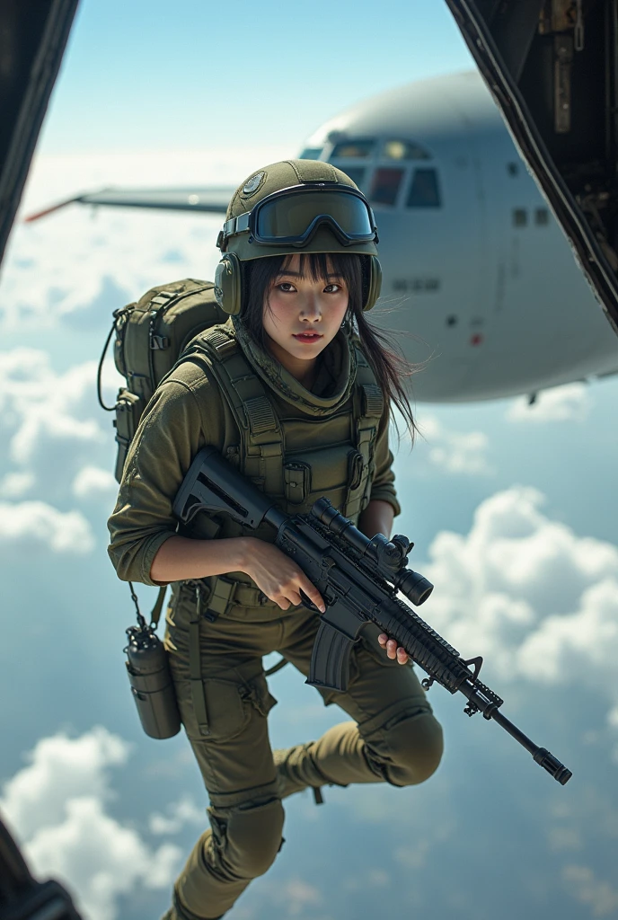 Photo-realistic, ultra-realistic, (very beautiful Japanese, famous Japanese idol:1.3), (Fully equipped for battle:1.5), large assault rifle on her back, (Experienced army paratroopers:1.5),(Jumping from the cargo bay of a large Army transport plane for an Army skydiving mission:1.5), (painful impressions, crying:1.3), (wearing an army paratrooper's Camouflage outfits with military helmet:1.5), very large breasts, (tactical vest, military harness:1.3), (military long boots:1), amazing view from the sky, acrobatic pose, dynamic angle, spectacular, (injured:1.3), (muddied, damaged wears, damaged body:1.3),