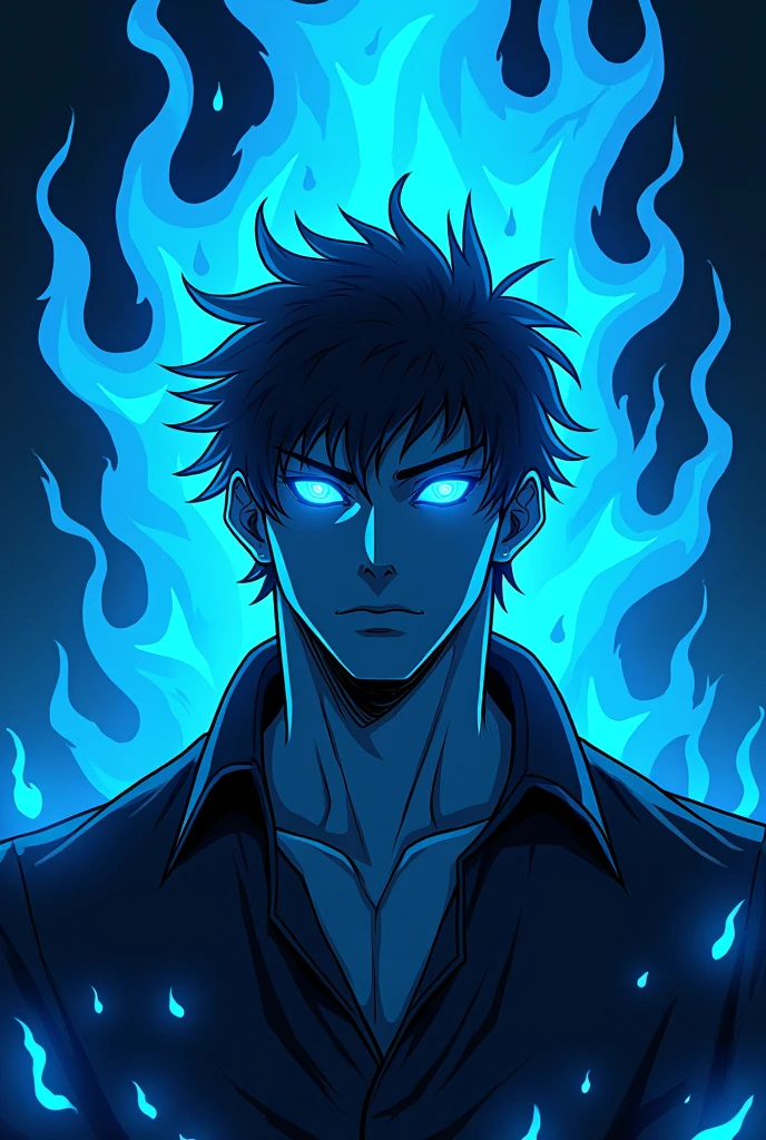 logo style manga , plan proche visage AURA puissant contre jour , personnage masculin puissant sans détail, pas de lueur sur lui, tout noir à cause de l'ombre de l'immense aura derrière lui, animé, noir, yeux, flammes, bleu yeux, humain aura, bleu yeux, bleu yeux, Akuma, tumblr, art conceptuel, emitting evil bleu aura, badass animé 8 k, manga 4K, bleu yeux glowing, feu!! contre jour de l'aura, fond noir aura puissant bleu, émettant un pouvoir maléfique Aura bleu, aura noire brillante, infero enflammé, Aura bleu, Aura maléfique, yeux bleus brillants sans détail