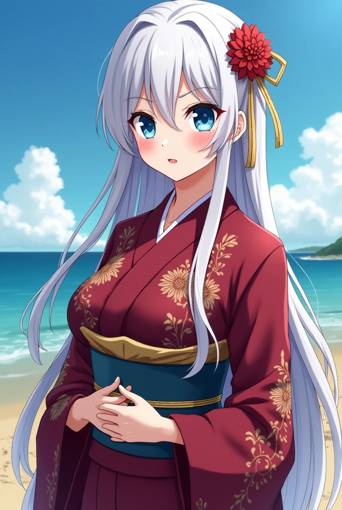 One piece anime animation style:attractive 1 woman, very serious expression,long straight white hair, pink cheeks,lips a little red,blue eyes, very long white eyelashes small forehead, tall and slim silhouette with a large bust,wearing an elegant wine red kimono very traditional for royalty in Japan.in the background the beach