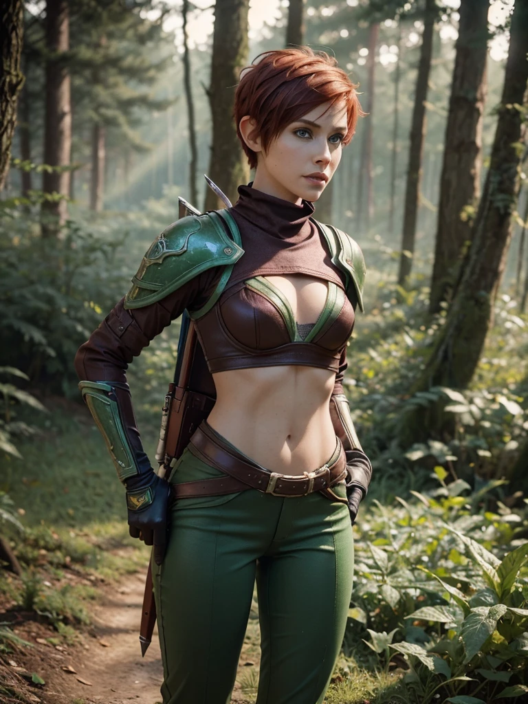 slim feminine figure, redhead, best quality, realistic skin texture, photography, film grain texture and high contrast, extremely high-resolution details, photographic, photorealistic, hyper-realistic, HDR, masterpiece, ((short pixie hair)), dressed up as a night elf hunter from world of warcraft, full green hunter armor, a green lust forest in the background, brown pants, brown gloves