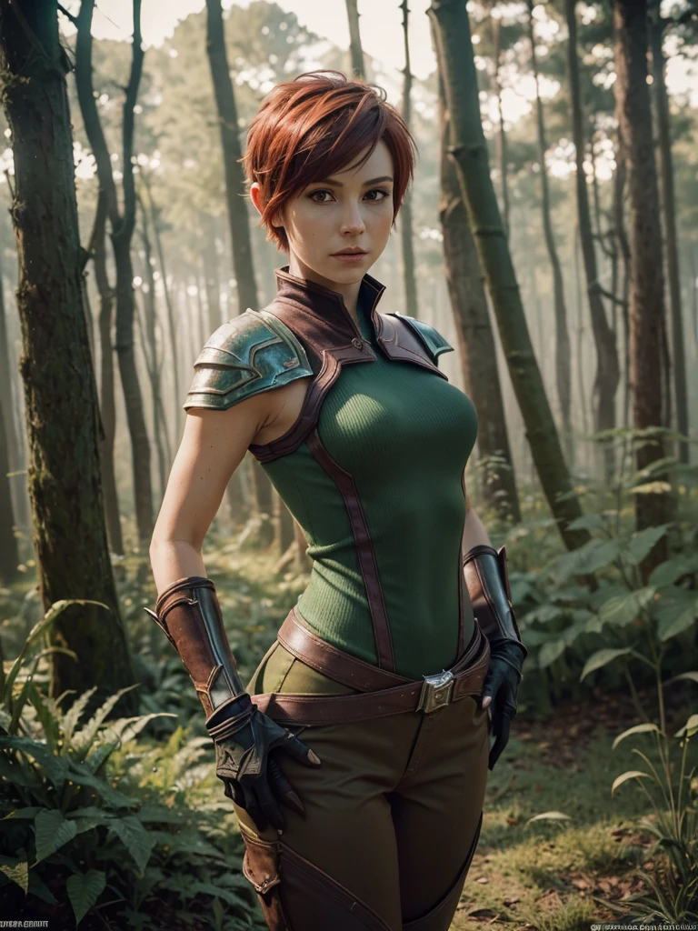 slim feminine figure, redhead, best quality, realistic skin texture, photography, film grain texture and high contrast, extremely high-resolution details, photographic, photorealistic, hyper-realistic, HDR, masterpiece, ((short pixie hair)), dressed up as a night elf hunter from world of warcraft, full green hunter armor, a green lust forest in the background, brown pants, brown gloves