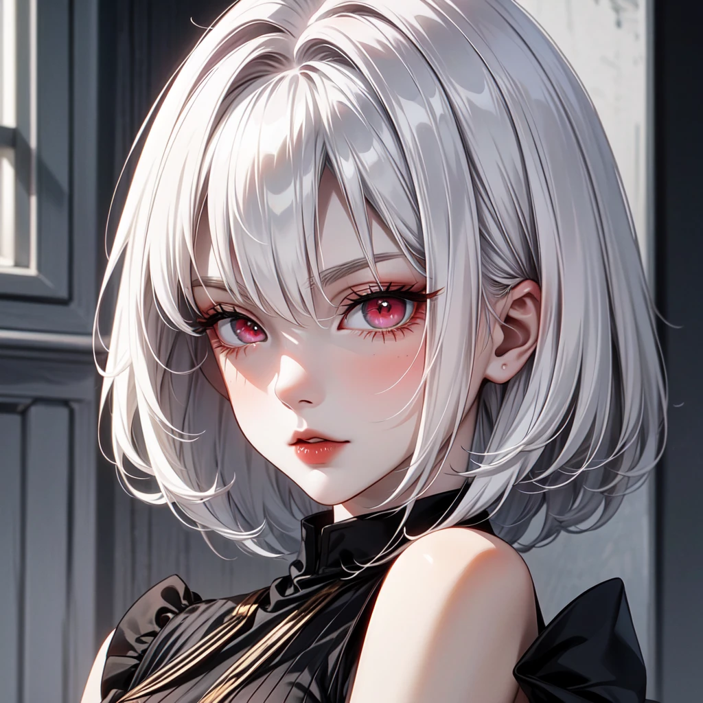 1 girl, red and black heterochromatic eyes, short hair, White hair, , Long hair, medium breasts, short fitted black dress