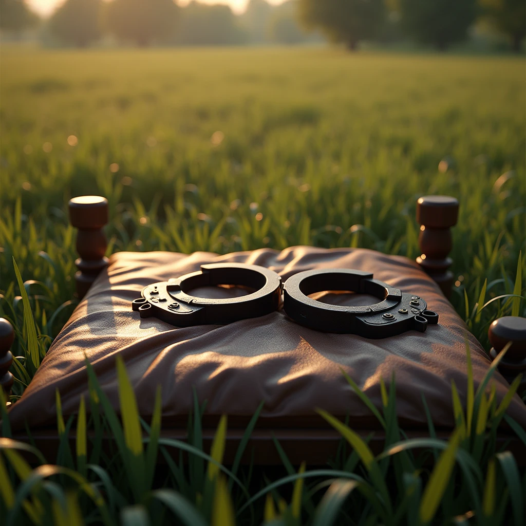 (((Leather handcuffs lie on a bed which stands on a meadow)))