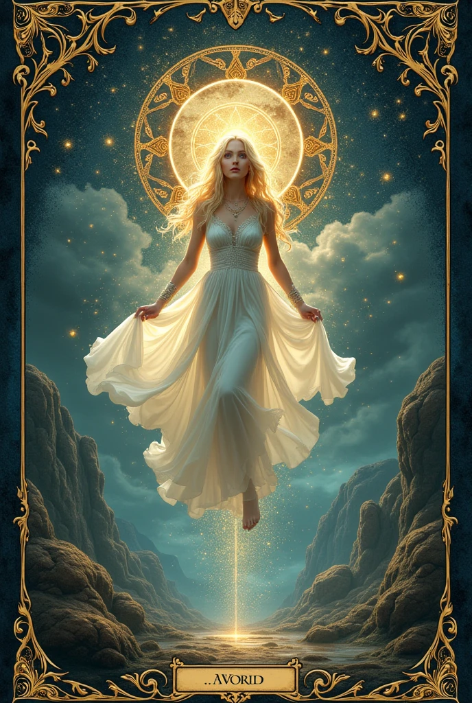 card, intricate detailed タロットcard illustration, タロットcard, タロットcard "words", cardヘッダーテキスト "Ticker", cardフッターテキスト "world", Text font style medieval, Blonde Goddess, White Dress, Floating in the sky, ((Infinity symbol background)), Infinity symbol, Ouroboros symbol, Cinema Lighting, Dramatic Shadows, Vibrant colors, Rich color palette, surreal タロットcard, Mysterious Landscape, Sparkling details, Gorgeous patterns