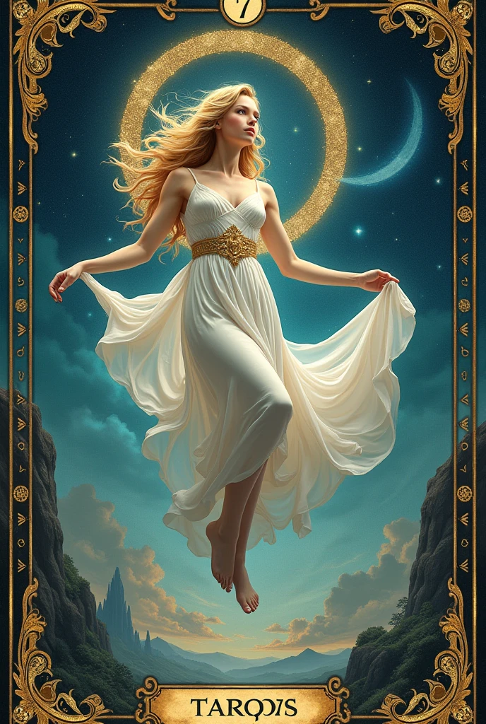 card, intricate detailed タロットcard illustration, タロットcard, タロットcard "words", cardヘッダーテキスト "Ticker", cardフッターテキスト "world", Text font style medieval, Blonde Goddess, White Dress, Floating in the sky, ((Infinity symbol background)), Infinity symbol, Ouroboros symbol, Cinema Lighting, Dramatic Shadows, Vibrant colors, Rich color palette, surreal タロットcard, Mysterious Landscape, Sparkling details, Gorgeous patterns