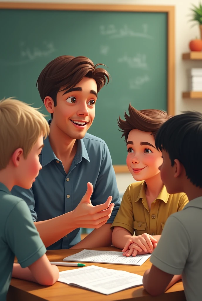 a light brown man , brown hair explaining something to three boys one of , another  and. The other is  and a brunette with long, straight hair and bangs, .