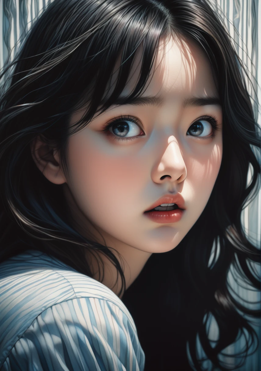 An illustration、One beautiful woman、20-year-old、Supervised by Junji Ito、Eyes Wide Open、Frightened by fear、Overaction、Overreaction、Close-up of face、Attention to detail, Realistic Shadows、Analog Style, chromatic aberration, Surrealism