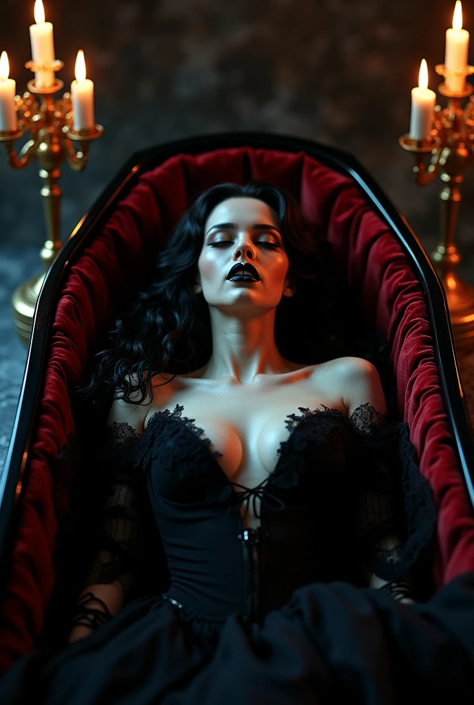 Midnight darkness envelops the ornate coffin, its black lacquer glistening like polished onyx. The Countess's face, once radiant with life, now appears serenely tranquil, her features frozen in an eternal slumber. Her raven tresses cascade down the sides of the coffin like a velvet waterfall, framing her pale complexion and striking red lips that subtly curve upward, revealing two razor-sharp fangs. The cold, unyielding marble beneath her body seems to absorb the faint luminescence emanating from the candelabras, casting an eerie glow on the scene., Gothic horror, vampiress, The erotic sleeping pose of a vampiress who is captivating even when she bares her fangs, professional, vivid colors, perfect anatomy, ideal facial features, ideally proportioned figure, perfectly beautiful body, super detailed skin, glossy skin, glistening skin, fresh white skin, Glamor, soft and curvy, body conscious, (indoors, The burial chamber of an ancient castle, a luxurious coffin lined with crimson velvet carpet), lying, upper body shot, Straight-on shot, Portrait, black long hair, Forehead, arched eyebrows, double eyelids, Closed eyes, Eyelashes, nose, nostrils, full lips, dark lipstick, glossy lips, (A slightly open whispering mouth, teeth, vampire fangs), neck, collarbone, deep cleavage, Upper breast swelling, Gigantic Breasts, shallow depth of field, entirety of sharp focus, vignette, highly detailed, high budget, bokeh, cinemascope, moody, epic, gorgeous, film grain, grainy, masterpiece, incredibly absurd resolution, absolutely resolution, ultra high resolution, Vampire Fangs,
