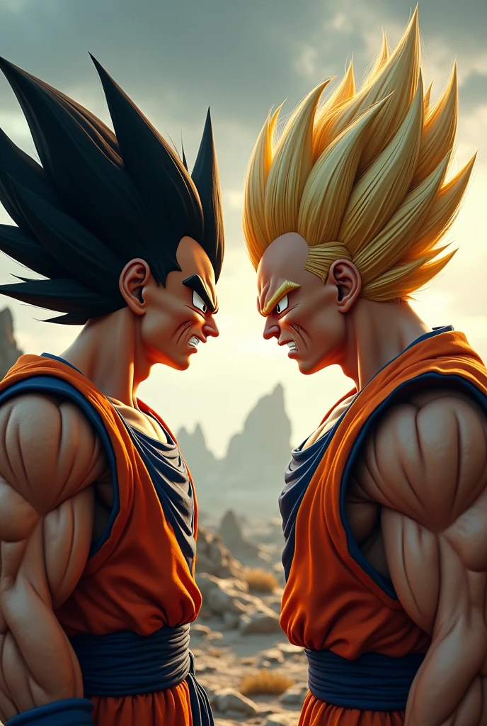 Goku and Vegeta looking at each other very angry