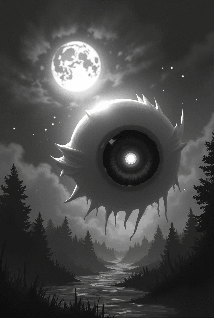 ((Best Quality)), ((masterpiece)), ((detailed)), ((High Definition)). A playful eye in the sky in anime style, emits an evil and supernatural energy. He'gives a chilling sensation, Proboca cosmic terror. The lighting is poor, creates a spooky atmosphere, and terror. in black and white, with grayscale.