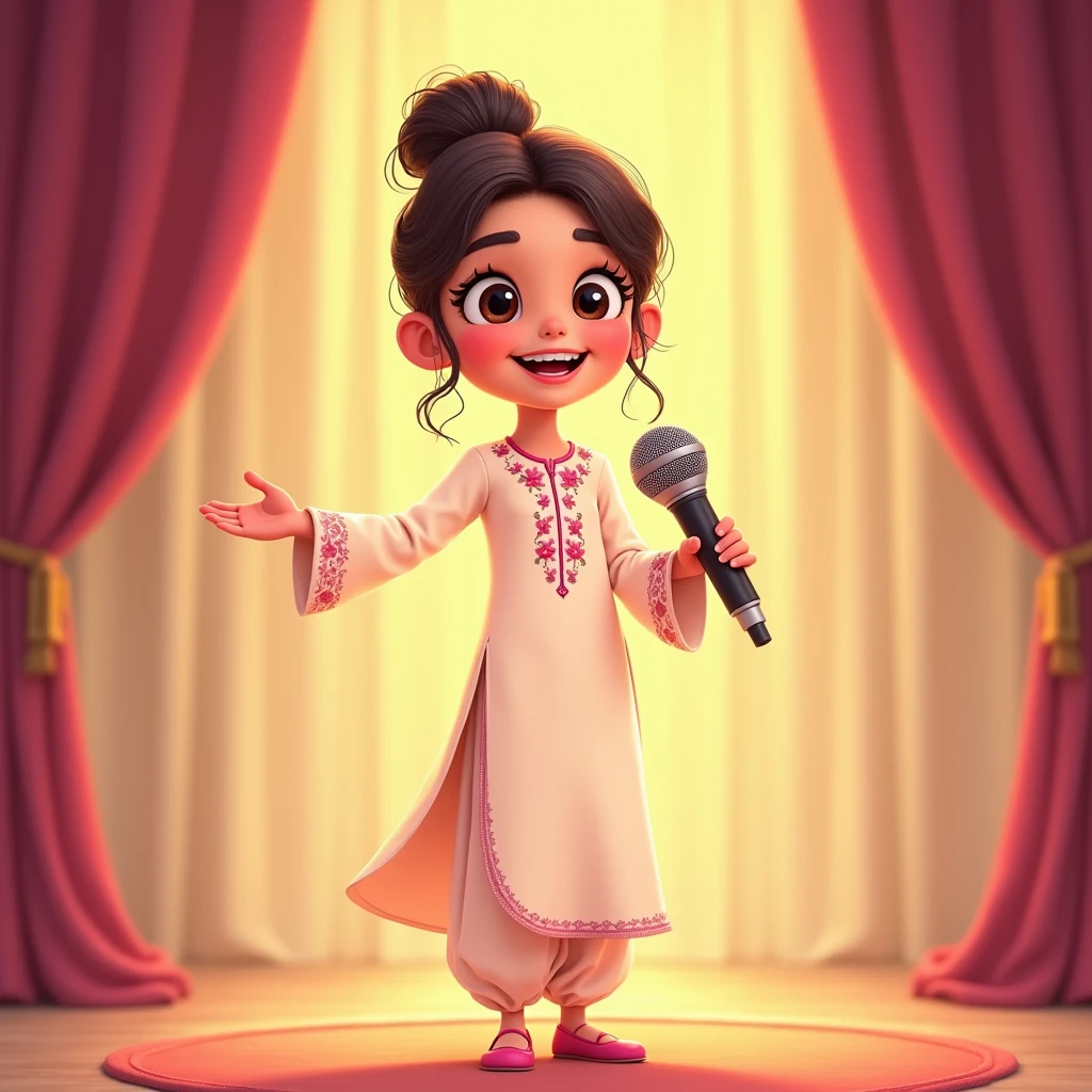 Lily, (highest quality, 4k, masterpiece:1.3), A young Pakistani Muslim girl wearing a traditional cream shalwar kameez with pink floral embroidery. Her hair is styled in a neat bun with loose strands framing her face, as seen in previous images. She stands with both arms wide open, smiling broadly as if welcoming an audience, holding a microphone in one hand. The image is in a 2D animation style, with bright colors, cartoonish features, and soft, smooth shading. The background shows soft curtains, warm stage lighting, and a playful, joyful atmosphere. Clear outlines, simple textures, and an illustrated, digital painting look. (Cream shalwar kameez, pink floral embroidery, consistent outfit:1.3), (same hairstyle as before:1.3), (microphone always visible:1.3), (holding a microphone:1.3)