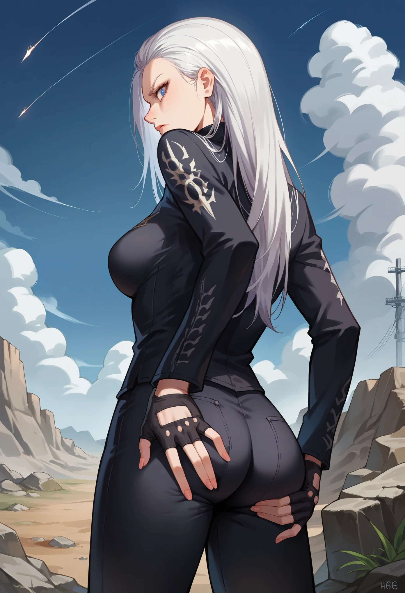 score_9, score_8_up, score_7_up, source_anime, 1girl, solo, female focus, dmc5vergil, white hair, long hair, medium breasts,blue eyes, black coat, fingerless gloves, pants, grabbing own ass, standing, serious, looking down, wasteland, gray landscape, desolated, gray plain, from behind