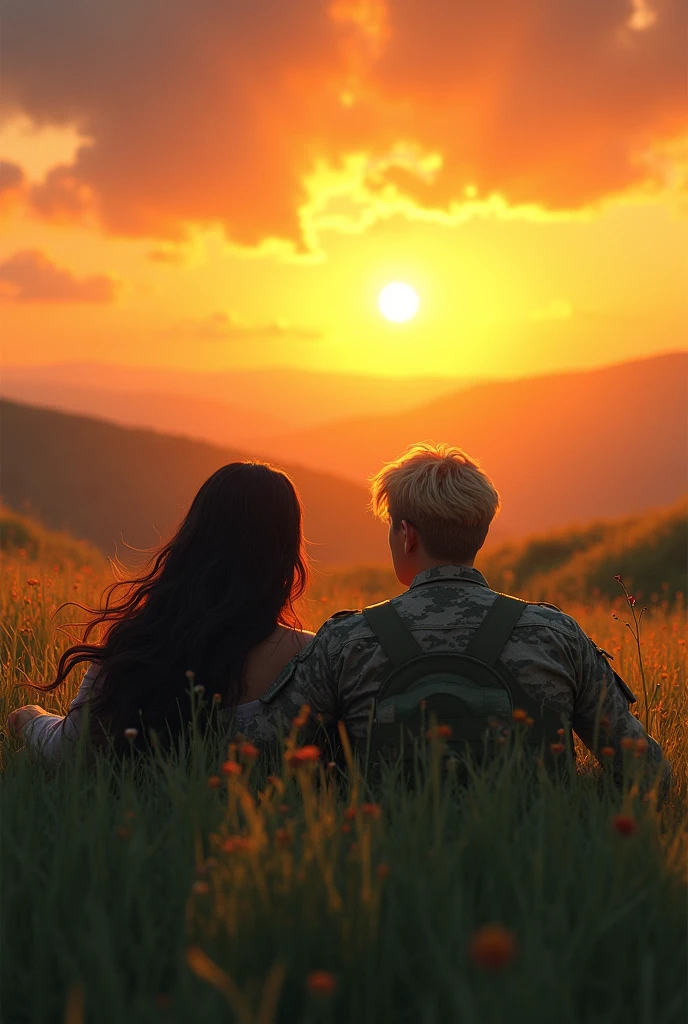 create an image of a sunset on top of a hill with a woman with long dark hair and a strong military soldier with blond hair lying on the grass watching the sunset