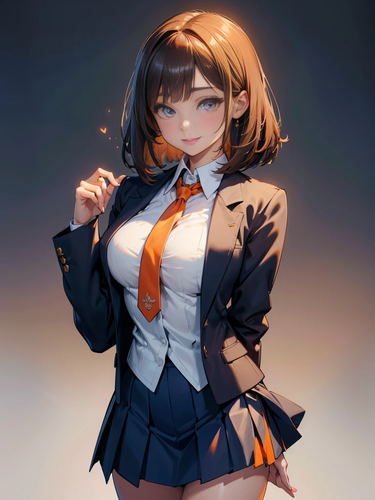 a girl with long chestnut hair in a bob cut and half-up hairstyle, beautiful detailed eyes, beautiful detailed lips, extremely detailed face and features, long eyelashes, large breasts, smiling expression, soft gaze,  165cm height, wearing a navy blue high school blazer, white blouse, orange ribbon tie, grey knee-length flared skirt, anime art style, healthy and attractive, highly detailed, anatomically correct, best quality, high resolution, extremely detailed, highly detailed model, high quality, very detailed, ultra-high resolution, smooth skin texture, exposed forehead, happy expression, camera view, multiview, healing aura emanating from her palm