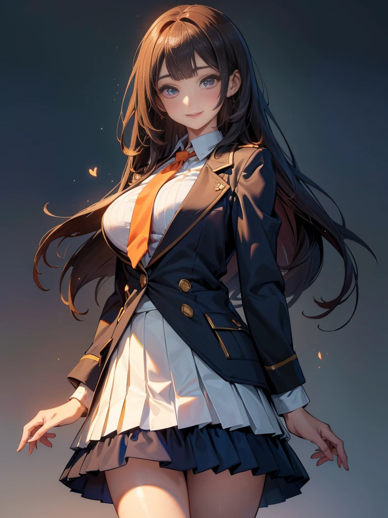 a girl with long chestnut hair in a bob cut and half-up hairstyle, beautiful detailed eyes, beautiful detailed lips, extremely detailed face and features, long eyelashes, large breasts, smiling expression, soft gaze, 165cm height, wearing a navy blue high school blazer, white blouse, orange ribbon tie, grey knee-length flared skirt, anime art style, healthy and attractive, highly detailed, anatomically correct, best quality, high resolution, extremely detailed, highly detailed model, high quality, very detailed, ultra-high resolution, smooth skin texture, exposed forehead, happy expression, camera view, multiview, healing aura emanating from her palm