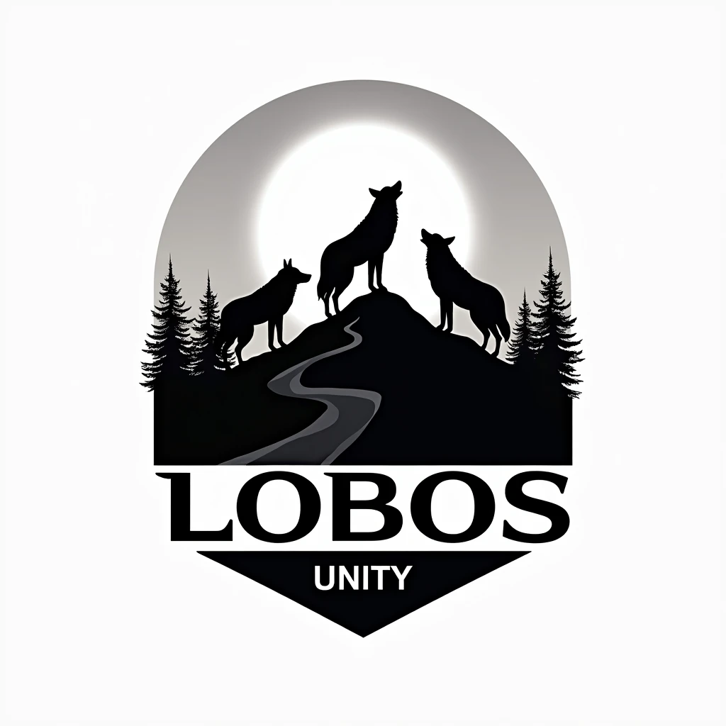 Create a logo for me with 3 wolves on top of a hill with a forest and a moon in the background., with the name "lobos" below the wolves and the name "unity" abaixo do nome lobos, with black and white as the main colors, pt-br