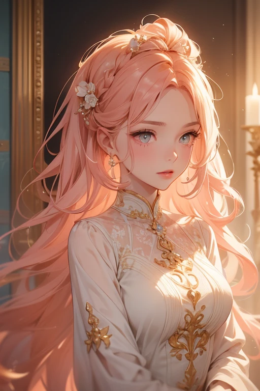 Create an image of a woman standing at 165 cm tall with a delicate Chantilly cream skin tone that has a subtle, ethereal glow. Her coral pink hair cascades in soft, voluminous waves, framing her face with whimsical elegance. Her amber eyes, resembling molten honey, shine with a captivating warmth. She has a slim yet fit build, exuding a refined blend of strength and grace. Her overall style is elegant and whimsical, reflecting her warm, approachable personality and natural charm. She is an interior architect with a keen eye for design and aesthetics.