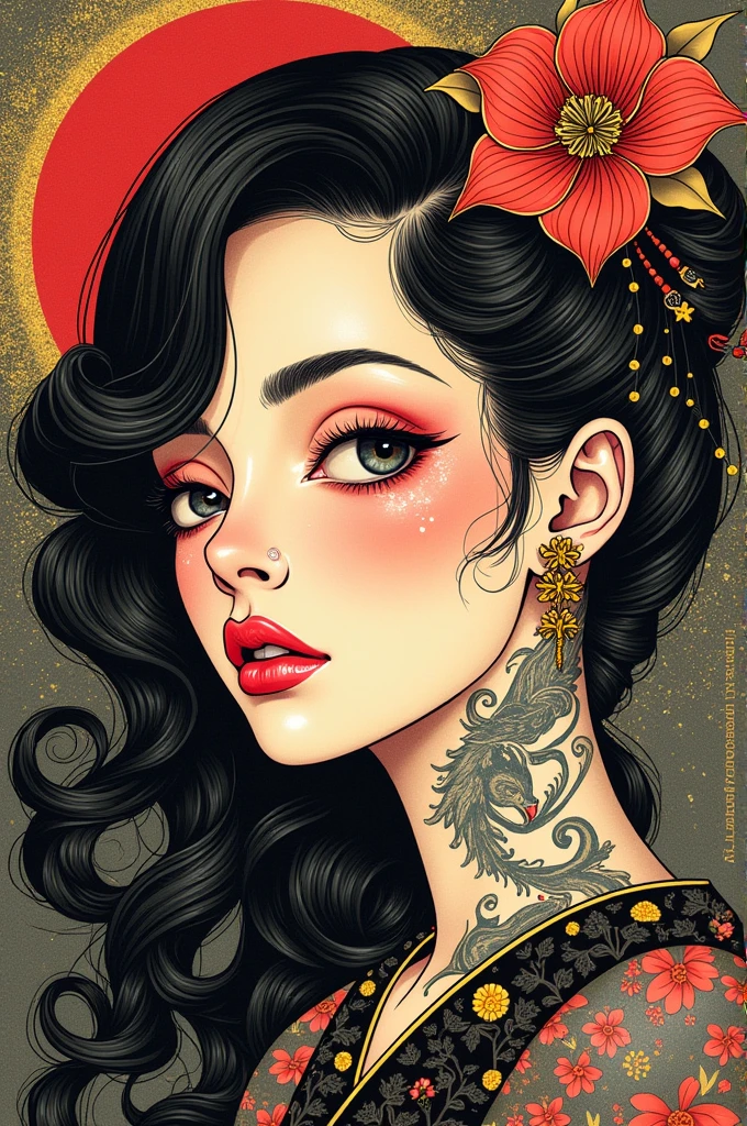 ((best quality)), ((masterpiece)), (detailed), ((perfect face)), surreal, art nouveau, in the illustrative style of moebius, sparrows, fantasy, ethereal, gold border, graphic novel, line drawing, japanese, traditional, vintage, elegant, chic, sophisticated, tattooed face, vibrant pinks, stark blacks, gold details, 