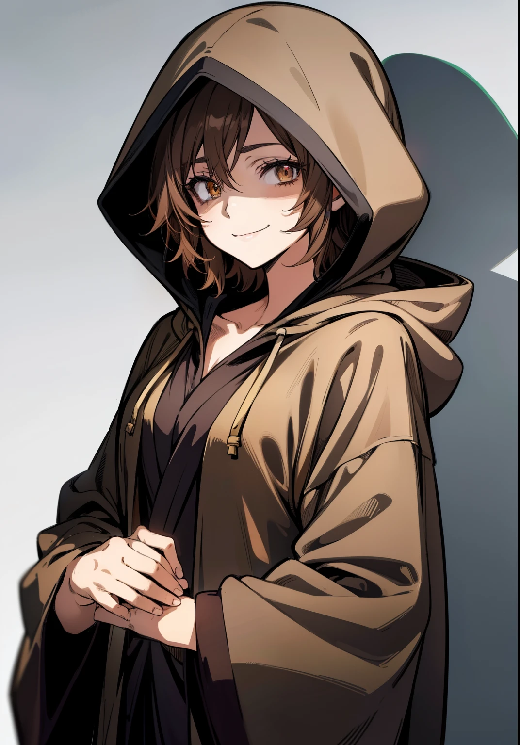 alone, (((Short brown haired anime character wearing a hooded robe))), (Hazel Eyes), (Wicked Smile), (Shadow on the eye), ((high quality)), (Very detailed)